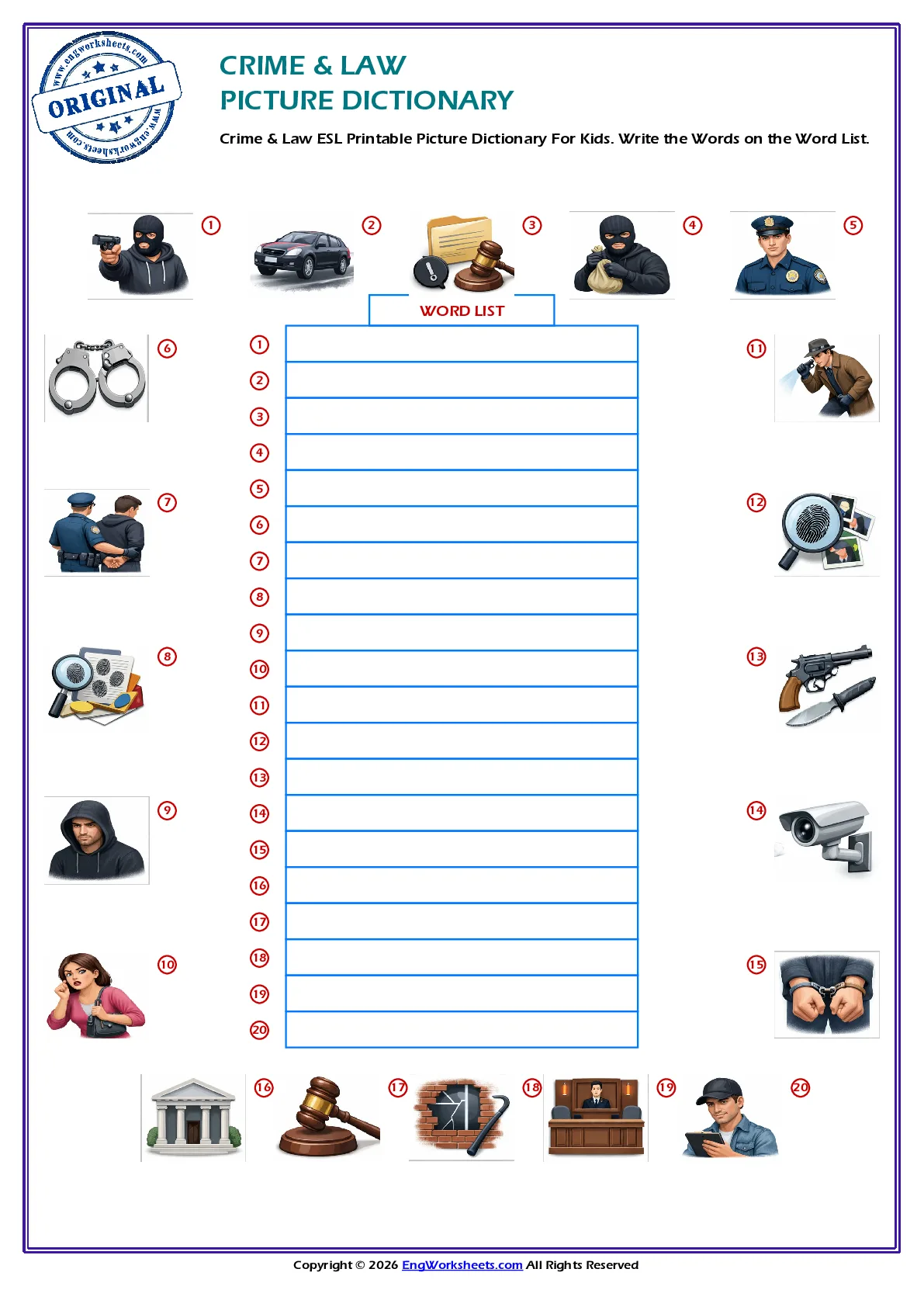 Crime & Law ESL Printable Picture Dictionary For Kids. Write the Words on the Word List. Worksheet Preview