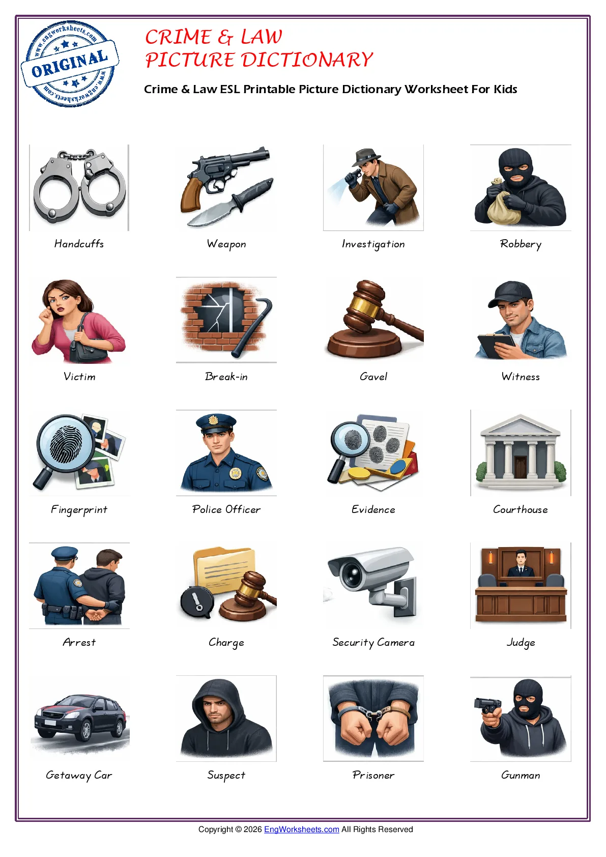 Crime & Law ESL Printable Picture Dictionary Worksheet For Kids Worksheet Preview