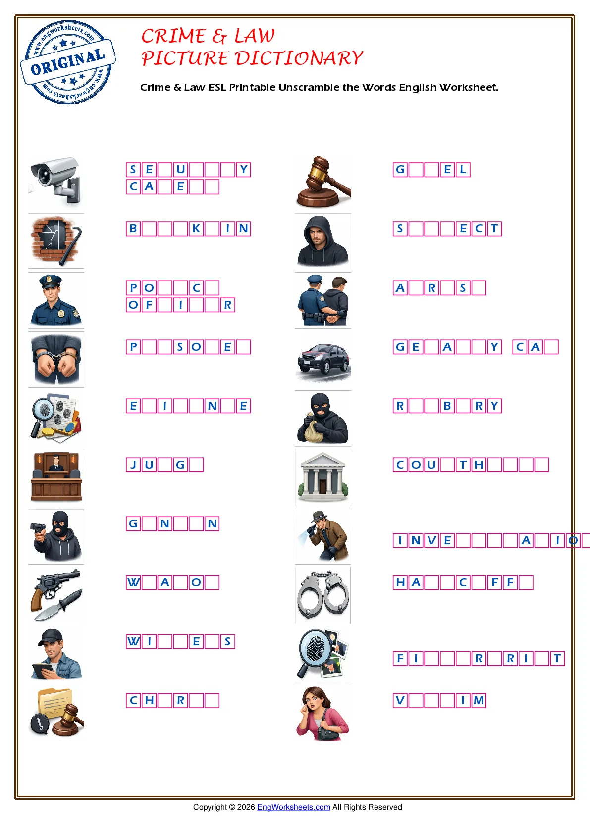 Crime & Law ESL Printable Unscramble the Words English Worksheet. Worksheet Preview