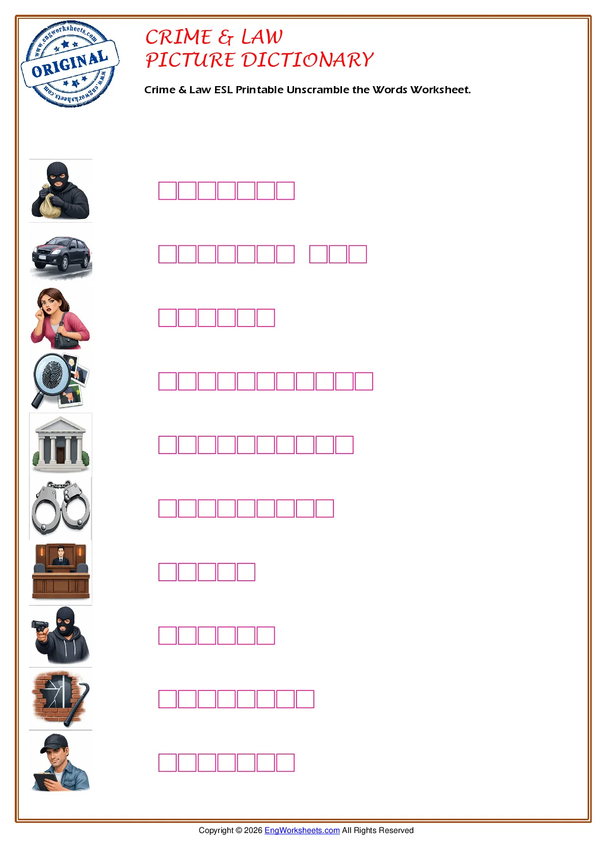 Crime & Law ESL Printable Unscramble the Words Worksheet. Worksheet Preview