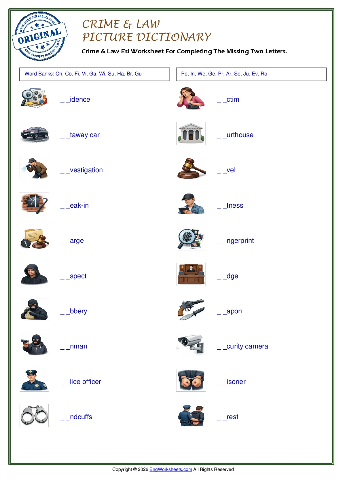 Crime & Law Esl Worksheet For Completing The Missing Two Letters. Worksheet Preview