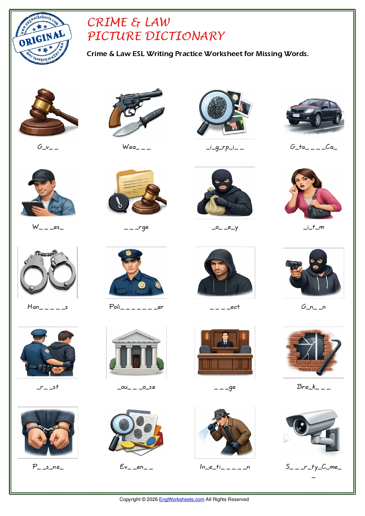 Crime & Law ESL Writing Practice Worksheet for Missing Words. Worksheet Preview