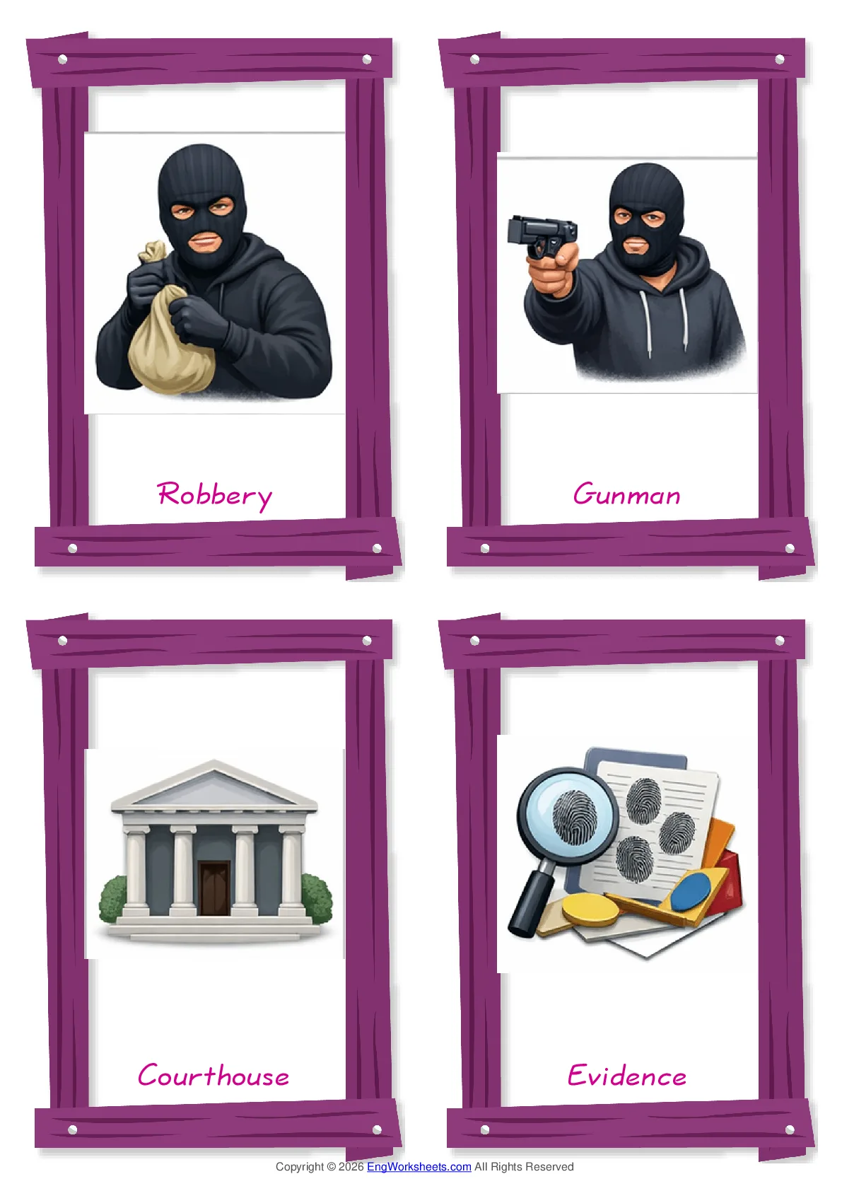 Crime & Law vocabulary worksheet with words, four images per page