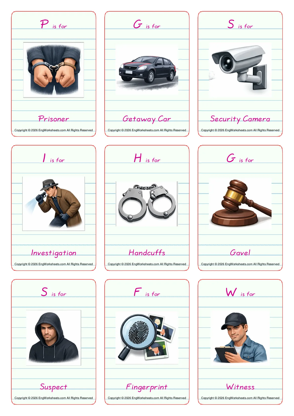 Crime & Law vocabulary worksheet with words, nine images per page
