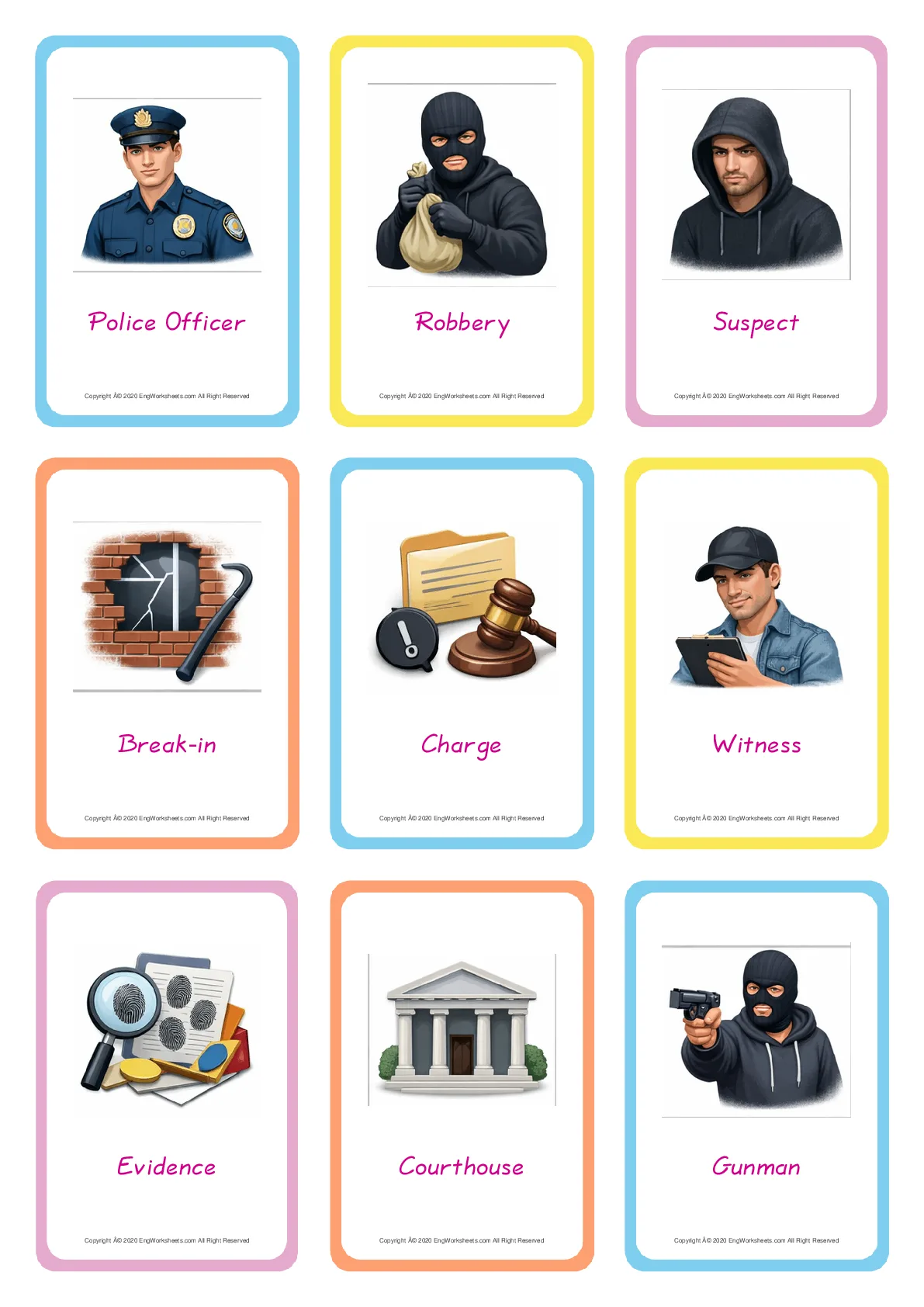 Crime & Law vocabulary worksheet with words, nine images per page