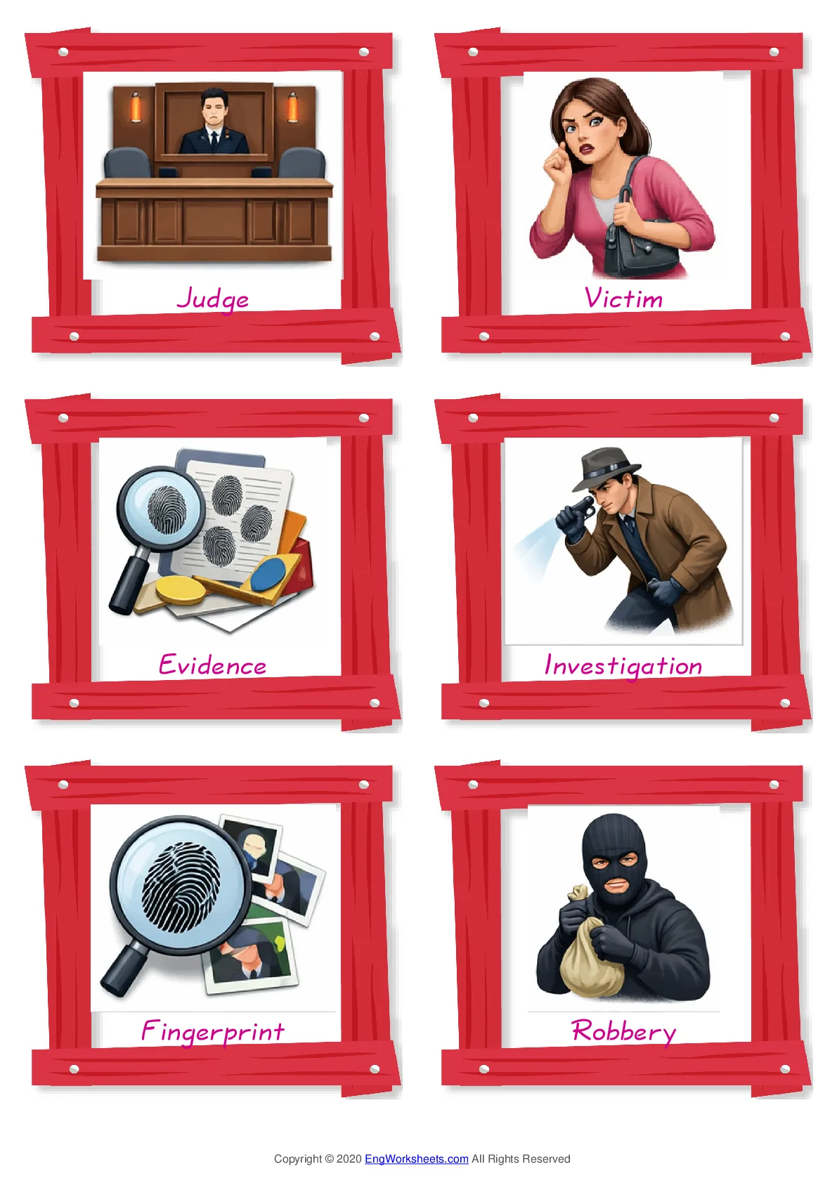 Crime & Law vocabulary worksheet with words, six images per page