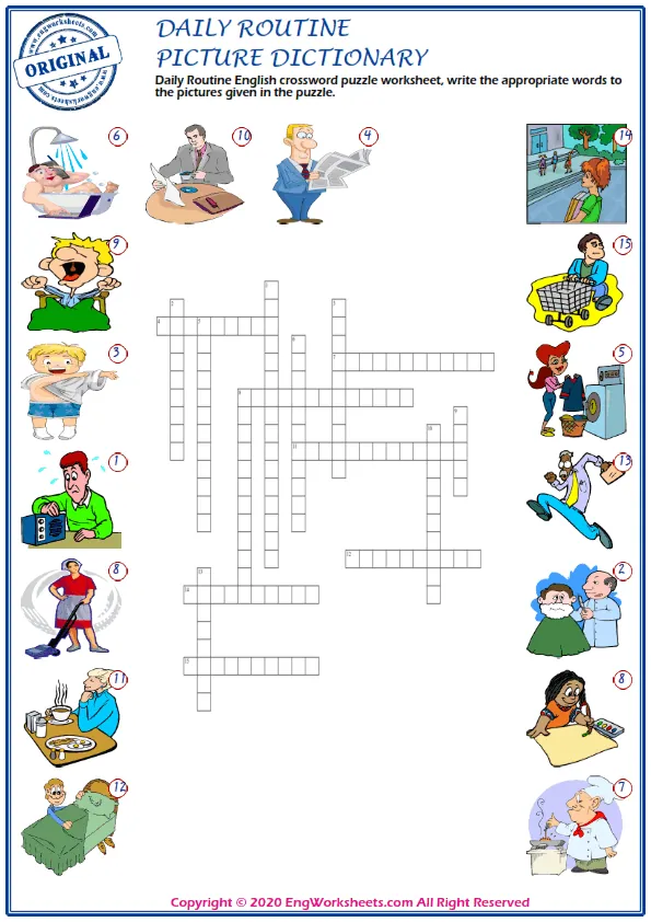 Daily Routine English crossword puzzle worksheet, write the appropriate words to the pictures given in the puzzle. Worksheet Preview