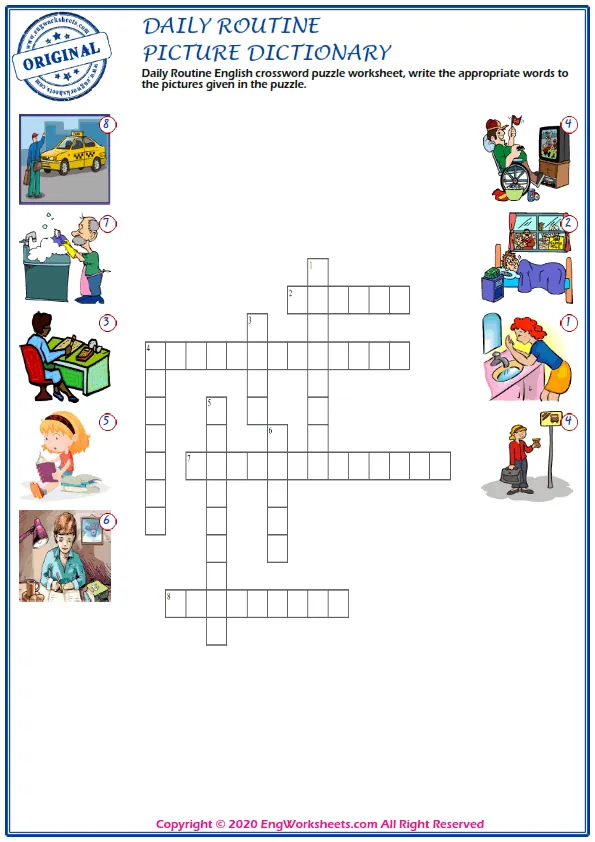 Daily Routine English crossword puzzle worksheet, write the appropriate words to the pictures given in the puzzle. Worksheet Preview