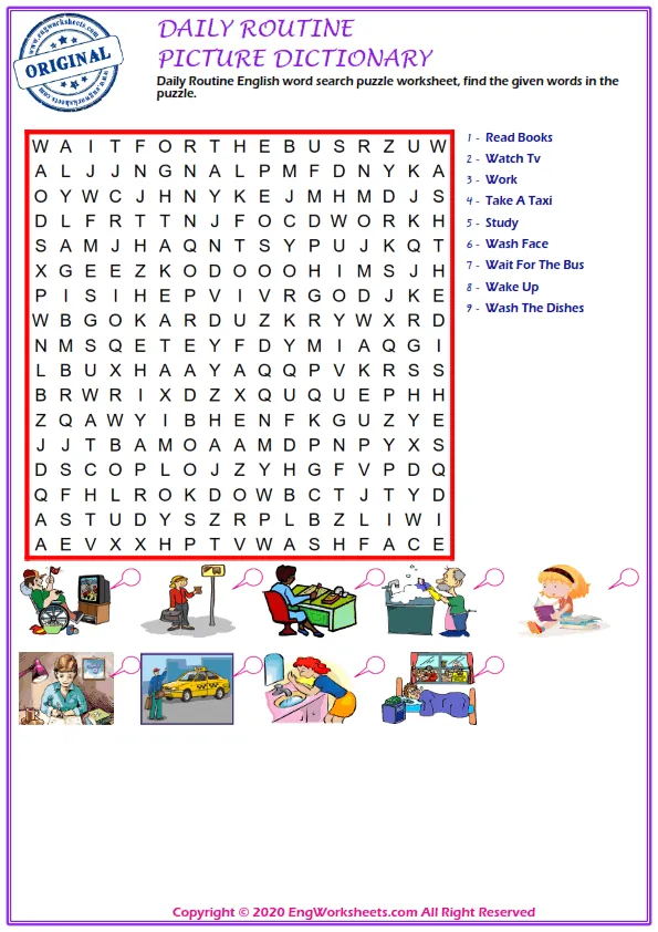 Daily Routine English word search puzzle worksheet, find the given words in the puzzle. Worksheet Preview