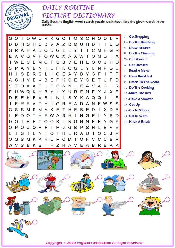 Daily Routine English word search puzzle worksheet, find the given words in the puzzle. Worksheet Preview