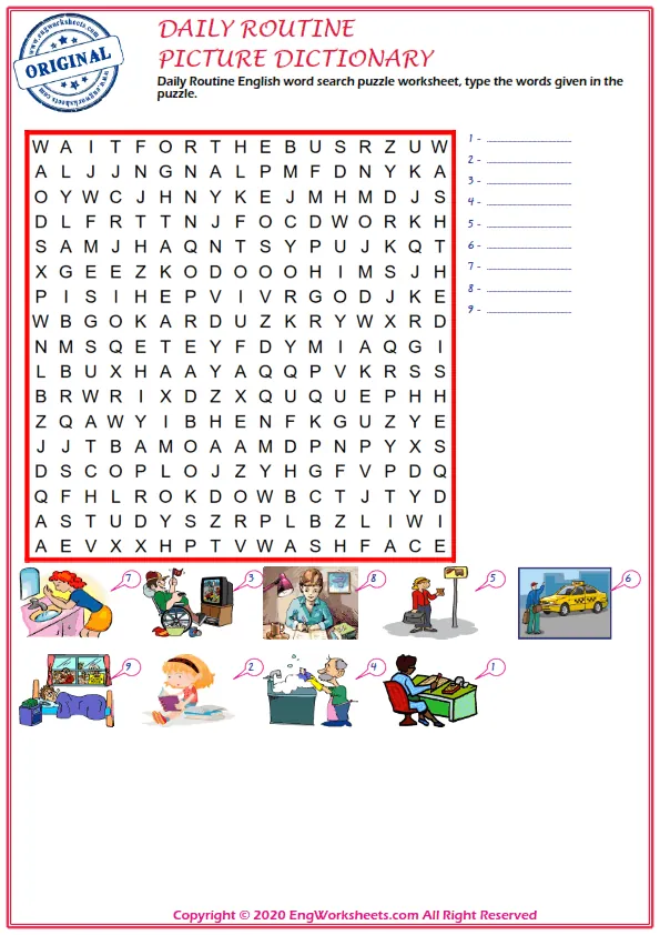 Daily Routine English word search puzzle worksheet, type the words given in the puzzle. Worksheet Preview