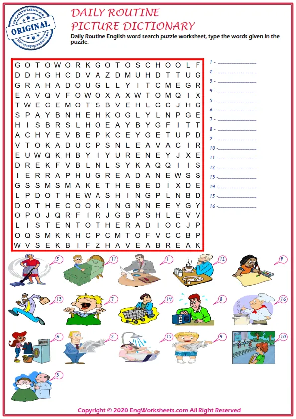 Daily Routine English word search puzzle worksheet, type the words given in the puzzle. Worksheet Preview