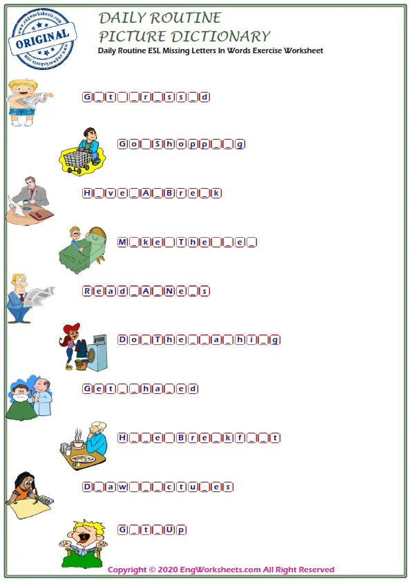 Daily Routine ESL Missing Letters In Words Exercise Worksheet Worksheet Preview