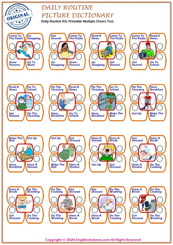 Daily Routine ESL Printable Multiple Choice Test. Worksheet Preview