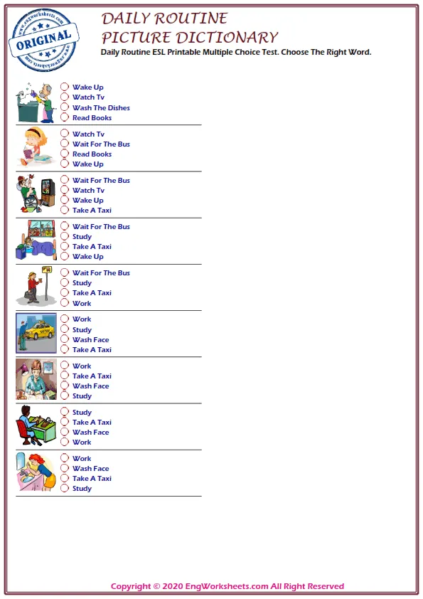 Daily Routine ESL Printable Multiple Choice Test. Choose The Right Word. Worksheet Preview