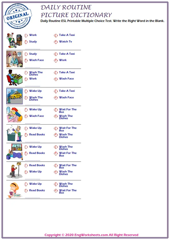 Daily Routine ESL Printable Multiple Choice Test. Write the Right Word in the Blank. Worksheet Preview