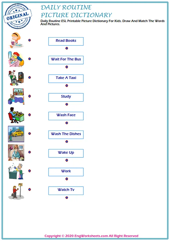 Daily Routine ESL Printable Picture Dictionary For Kids. Draw And Match The Words And Pictures. Worksheet Preview