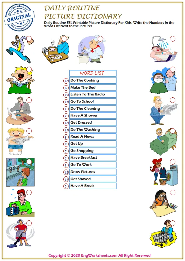 Daily Routine ESL Printable Picture Dictionary For Kids. Write the Numbers in the Word List Next to the Pictures. Worksheet Preview