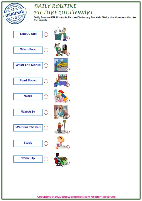 Daily Routine ESL Printable Picture Dictionary For Kids. Write the Numbers Next to the Words.