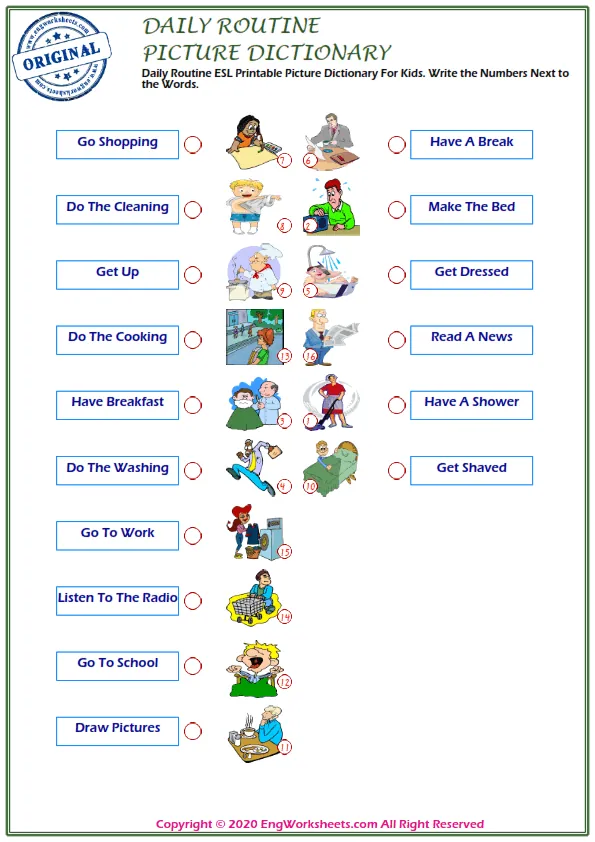 Daily Routine ESL Printable Picture Dictionary For Kids. Write the Numbers Next to the Words. Worksheet Preview