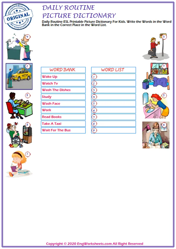 Daily Routine ESL Printable Picture Dictionary For Kids. Write the Words in the Word Bank in the Correct Place in the Word List. Worksheet Preview