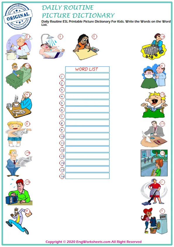 Daily Routine ESL Printable Picture Dictionary For Kids. Write the Words on the Word List. Worksheet Preview