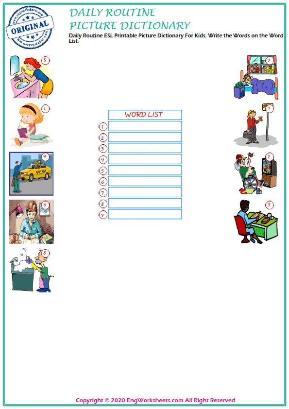 Daily Routine ESL Printable Picture Dictionary For Kids. Write the Words on the Word List. Worksheet Preview