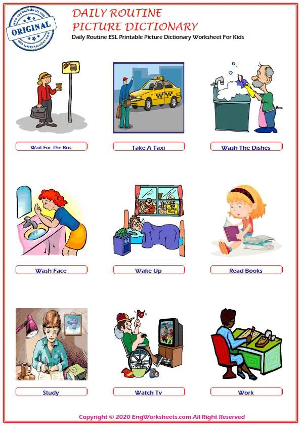 Daily Routine ESL Printable Picture Dictionary Worksheet For Kids Worksheet Preview
