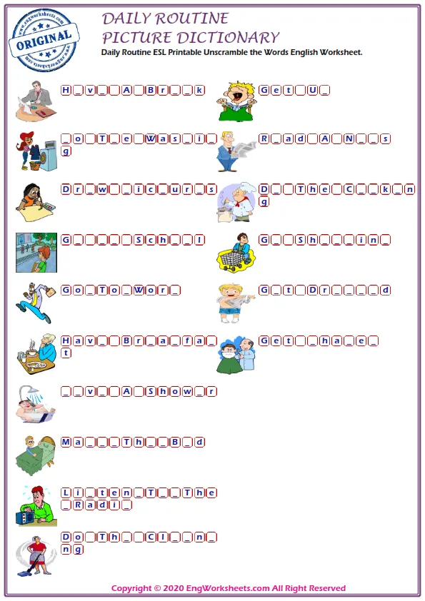 Daily Routine ESL Printable Unscramble the Words English Worksheet. Worksheet Preview