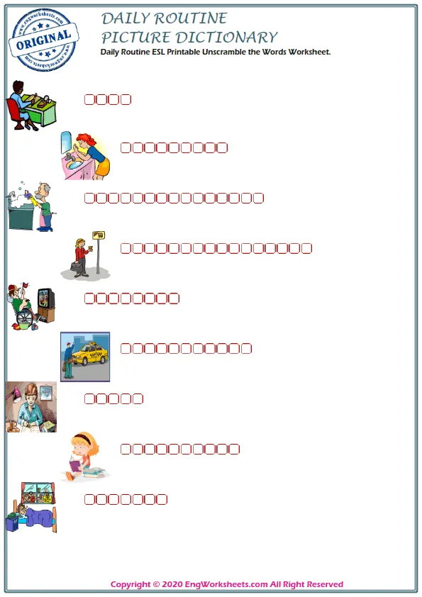 Daily Routine ESL Printable Unscramble the Words Worksheet. Worksheet Preview