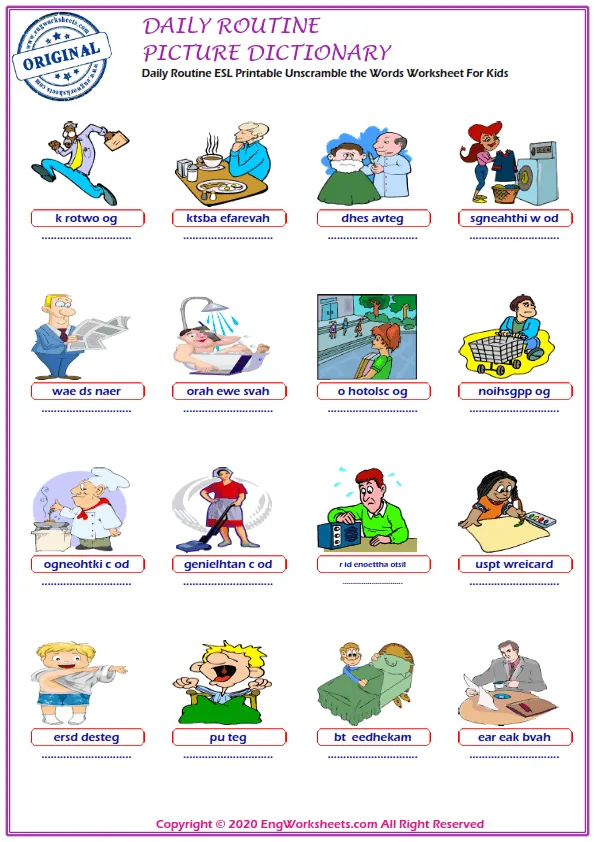 Daily Routine ESL Printable Unscramble the Words Worksheet For Kids Worksheet Preview