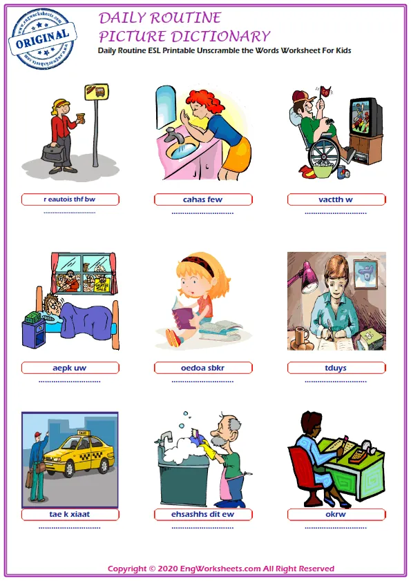 Daily Routine ESL Printable Unscramble the Words Worksheet For Kids Worksheet Preview