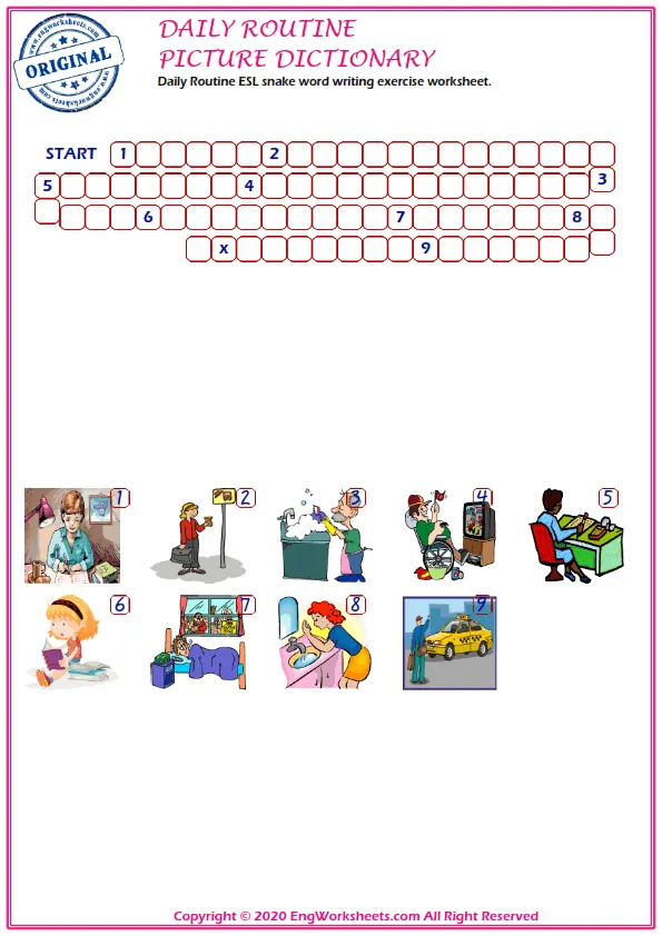 Daily Routine ESL snake word writing exercise worksheet. Worksheet Preview