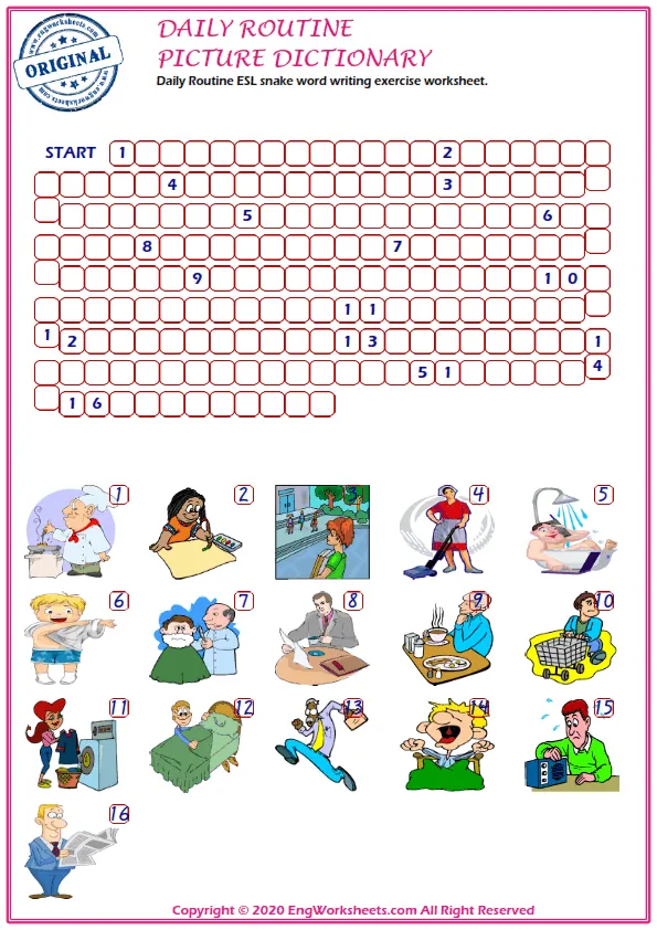 Daily Routine ESL snake word writing exercise worksheet. Worksheet Preview
