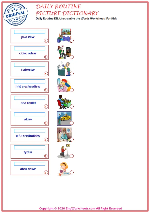 Daily Routine ESL Unscramble the Words Worksheets For Kids Worksheet Preview