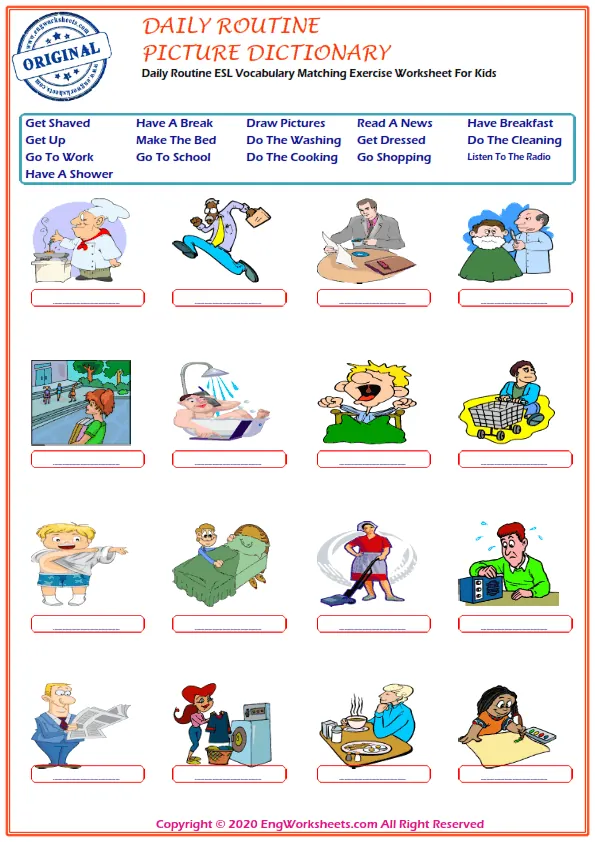Daily Routine ESL Vocabulary Matching Exercise Worksheet For Kids Worksheet Preview