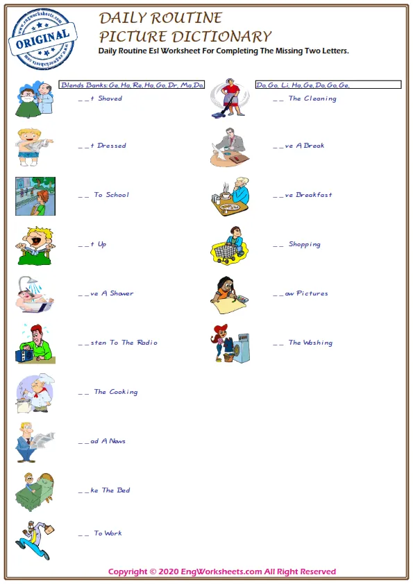 Daily Routine Esl Worksheet For Completing The Missing Two Letters. Worksheet Preview