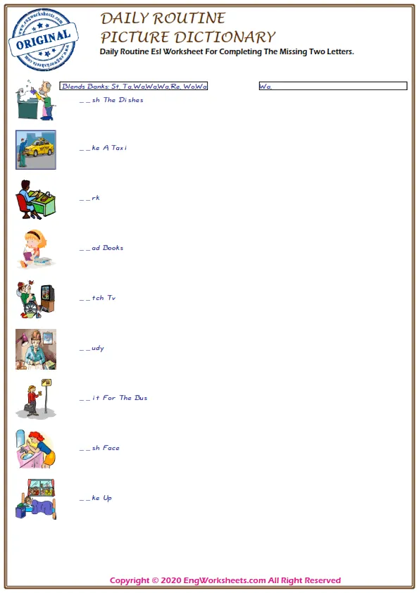 Daily Routine Esl Worksheet For Completing The Missing Two Letters. Worksheet Preview
