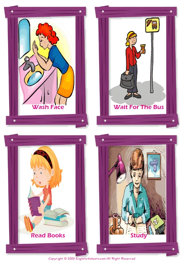 Daily Routine vocabulary worksheet with words, four images per page Worksheet Preview