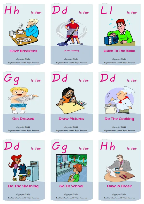 Daily Routine vocabulary worksheet with words, nine images per page Worksheet Preview