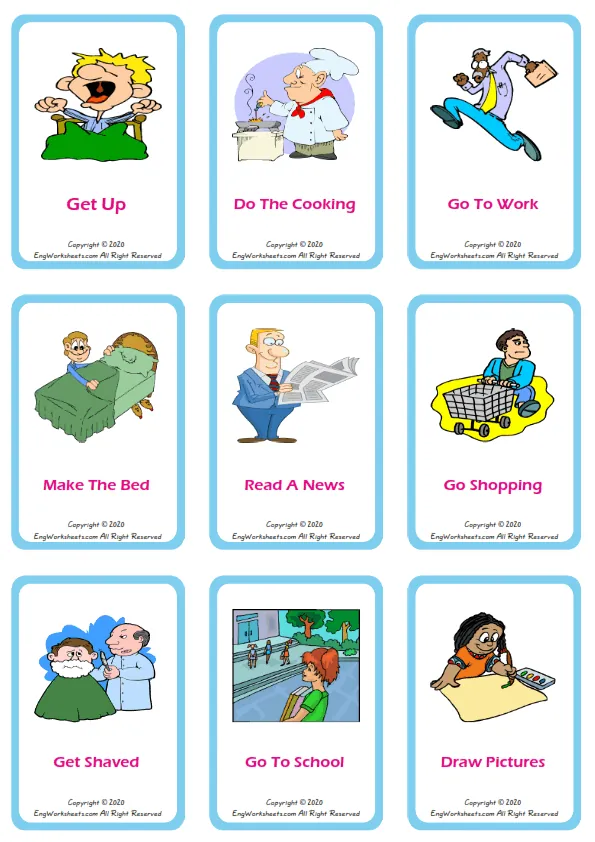 Daily Routine vocabulary worksheet with words, nine images per page Worksheet Preview