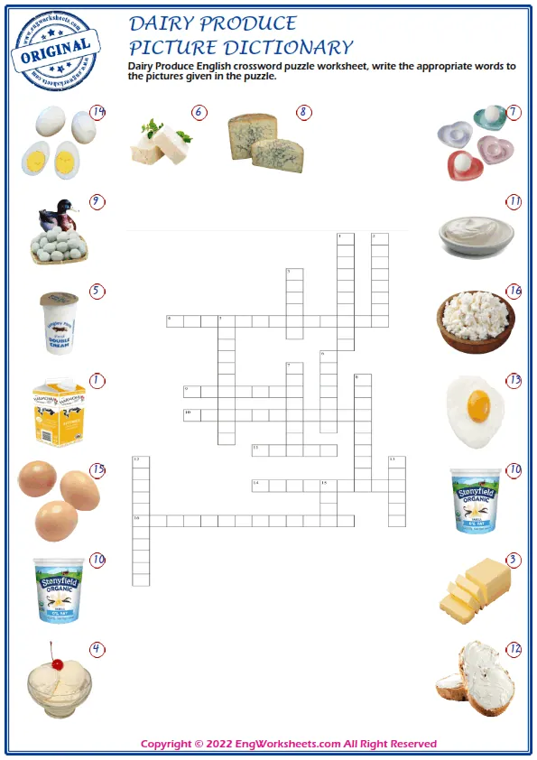 Dairy Produce English crossword puzzle worksheet, write the appropriate words to the pictures given in the puzzle. Worksheet Preview