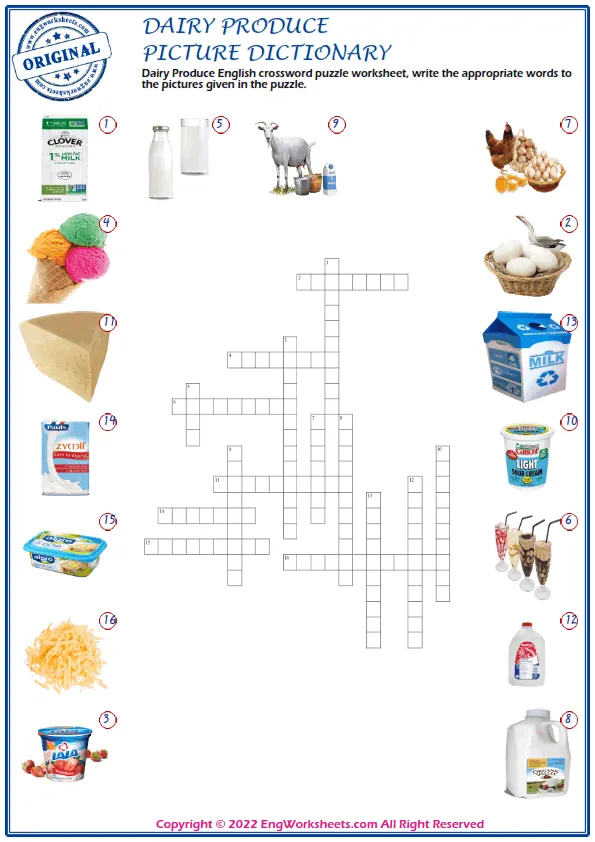 Dairy Produce English crossword puzzle worksheet, write the appropriate words to the pictures given in the puzzle. Worksheet Preview