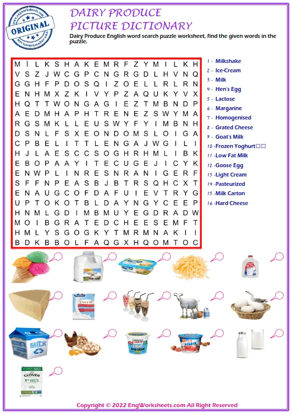 Dairy Produce English word search puzzle worksheet, find the given words in the puzzle. Worksheet Preview