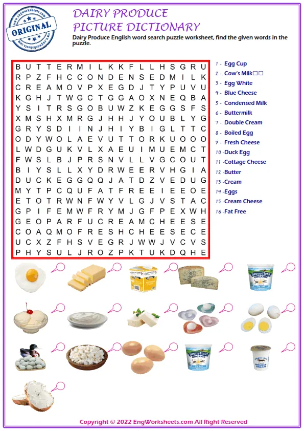 Dairy Produce English word search puzzle worksheet, find the given words in the puzzle. Worksheet Preview