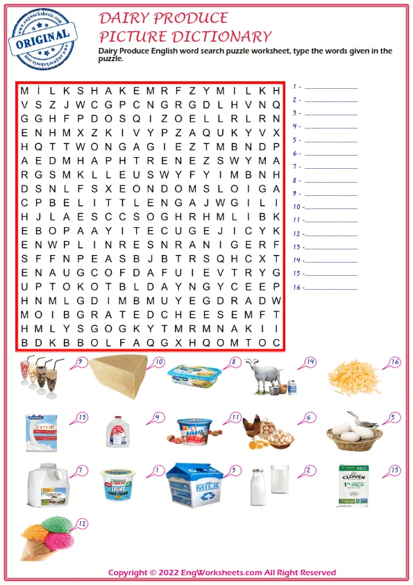 Dairy Produce English word search puzzle worksheet, type the words given in the puzzle. Worksheet Preview