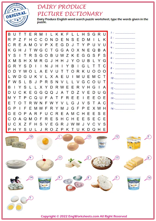 Dairy Produce English word search puzzle worksheet, type the words given in the puzzle. Worksheet Preview