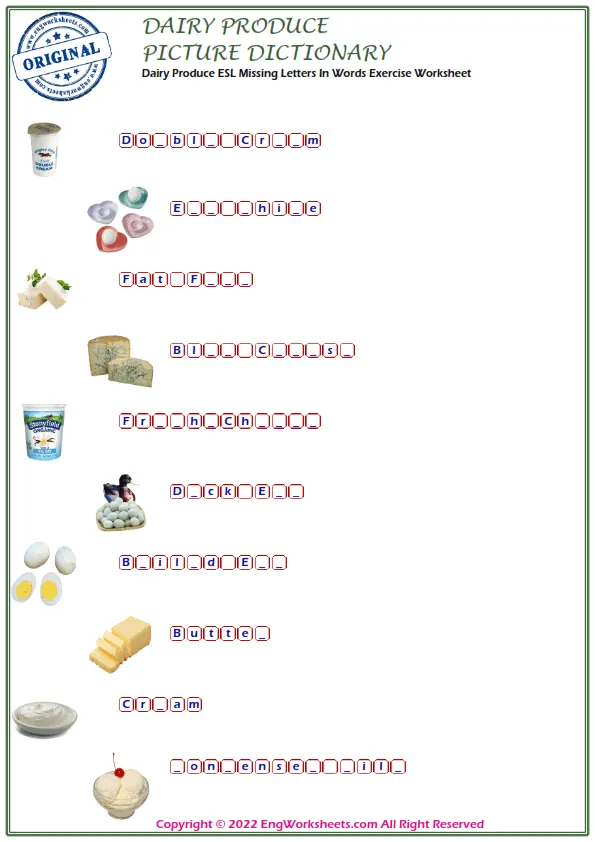 Dairy Produce ESL Missing Letters In Words Exercise Worksheet Worksheet Preview