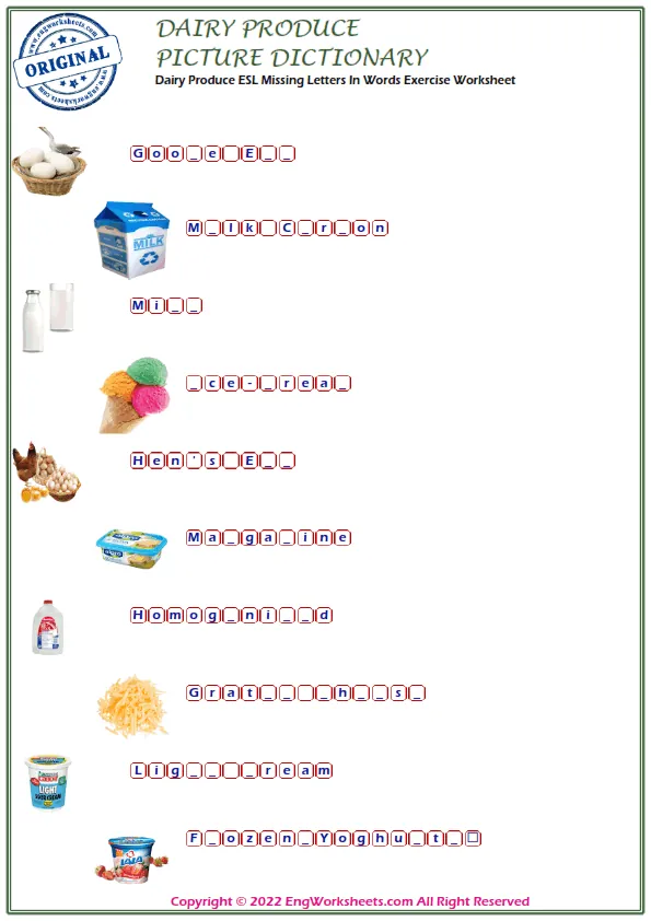 Dairy Produce ESL Missing Letters In Words Exercise Worksheet
