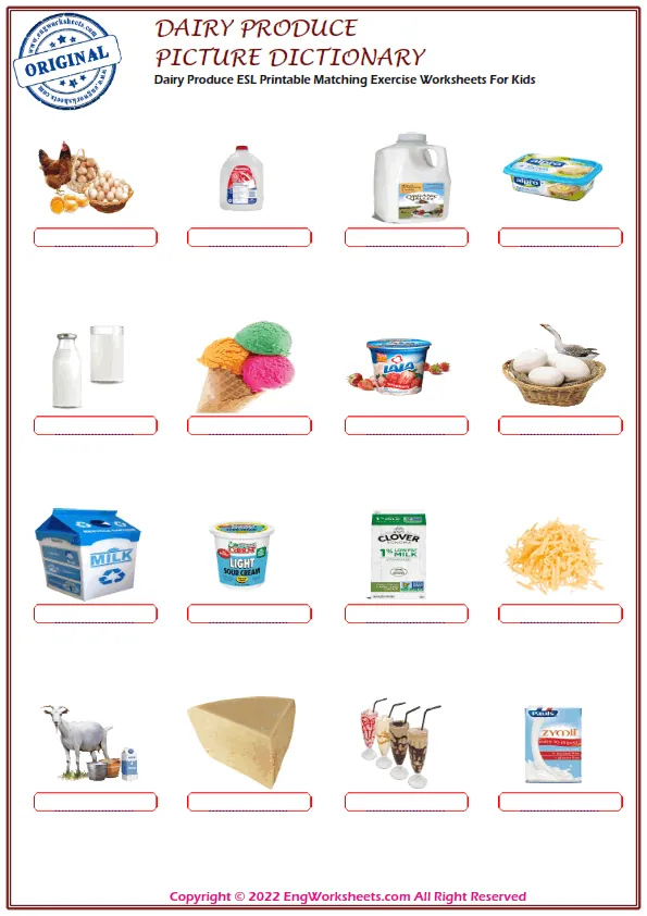 Dairy Produce ESL Printable Matching Exercise Worksheets For Kids Worksheet Preview